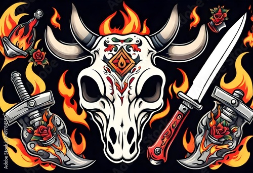 Illustration of Vintage, Flash art, Tattoo, Bull, Cow skull, Flames and fire, Retro, Old-school, Ink.