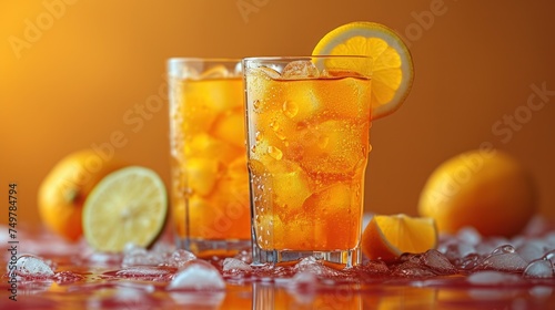Sweet Citrus Refreshment, Fruity Drink with Ice and Lemon Slices, Cold Glass of Orange Juice, Tropical Beverage Served on Ice.