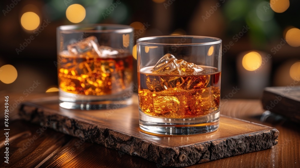 Two Glasses of Whiskey, Ice-Cold Drinks on a Cutting Board, A Pair of Glasses with Ice Cubes, Whiskey Served in Two Glasses. Two Glasses of Whiskey, Ice-Cold Drinks on a Cutting Board, A Pair of Glasses with Ice Cubes, Whiskey Served in Two Glasses.