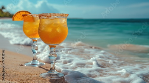 A Sunny Day at the Beach, Relaxing with a Glass of Margarita by the Ocean, Enjoying a Tropical Drink on the Sandy Shore, Sipping a Refreshing Beverage by the Sea. photo