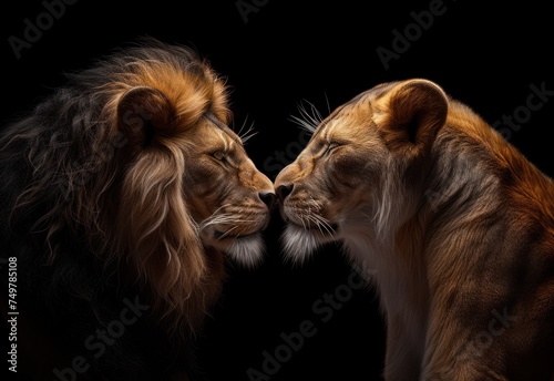 Lions Locking Lips, Face to Face with Two Lion Heads, Two Lion Heads Touch Noses in a Close-Up, A Lion's Kiss: Two Lion Heads Touching Noses.