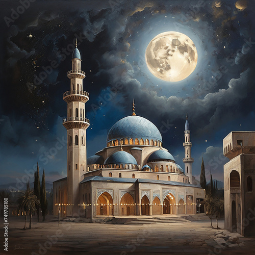 A painting of a mosque with a moon and stars in the background © SN Designer17