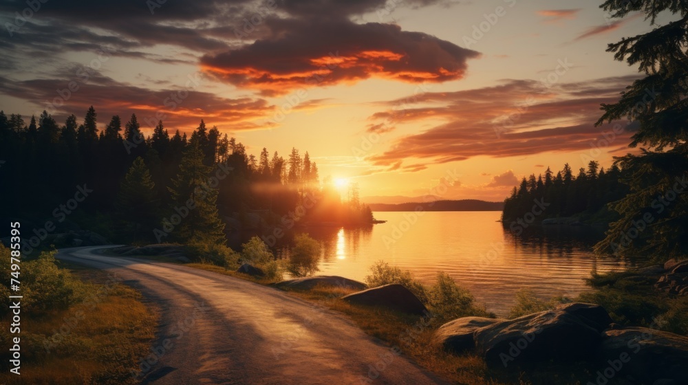 Obraz premium A Beautiful Dark Evening Landscape with a Lake and a Road near the Forest. Sunset, Nature, Summer concepts.