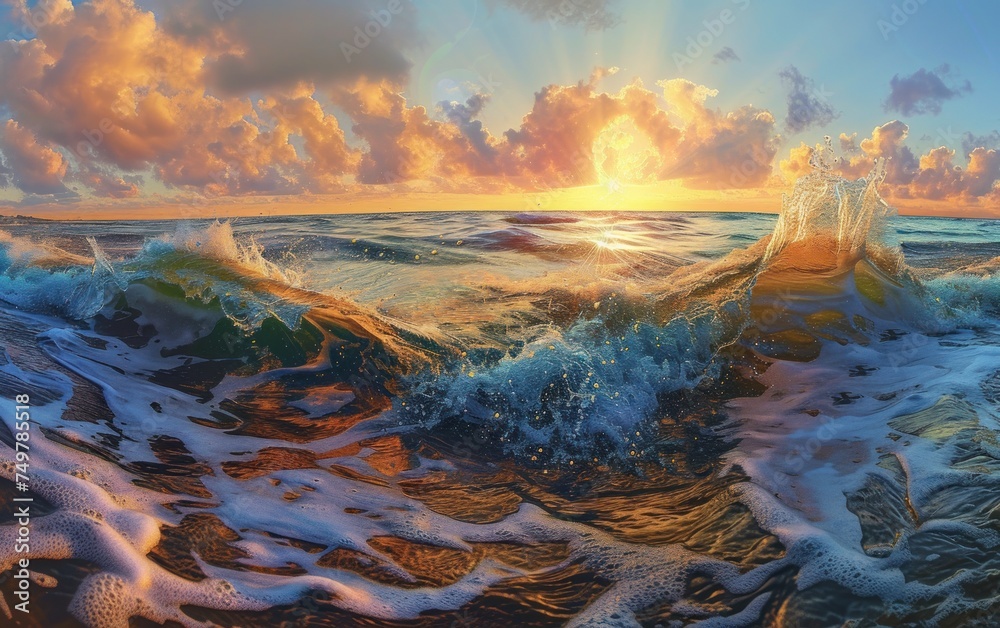 Sunset at the Ocean Shore, Waves Crashing on the Beach, Ocean Sunrise with Foamy Waters, Golden Hour by the Sea.