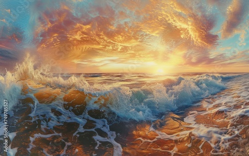 Sunset Over the Ocean, Waves Crashing at Sunset, Golden Hour at the Beach, Sunset Surfing Scene.