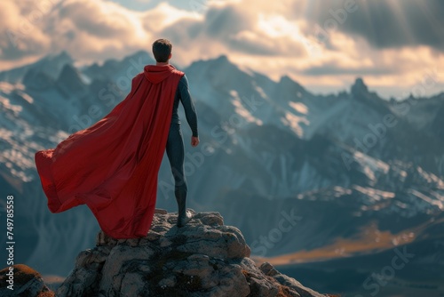 Businessman Superhero in Red Cape Standing on Mountain Top. Generative AI