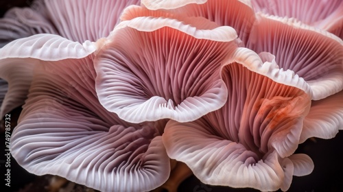 Close-up, bottom view of the lower gills of pink Oyster mushroom on a black background.
