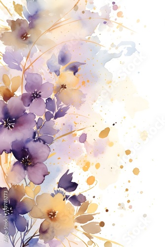 Watercolor painting of purple and gold flowers postcard for wedding wallpaper with gold details and copy space 