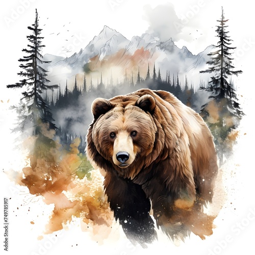 Watercolor painting of a brown bear in snow forest and smokey mountains in the distance