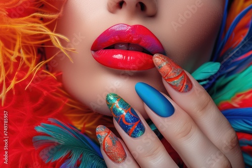 Colorful Nail Art, Vibrant Fingernails with Feathers, Fashionable Lady with Unique Nail Designs, Bold and Beautiful Nail Paintings. photo