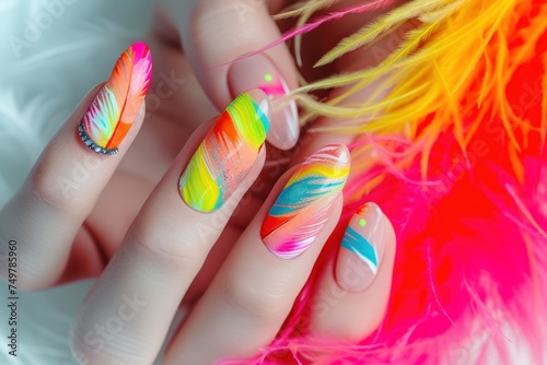 Colorful Nail Art, Vibrant Fingernails, Creative Nail Designs, Bright and Bold Nail Paintings. photo