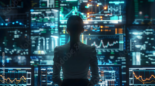 Silhouetted of a woman against a massive digital forex trading chart.The chart's elegant lines and figures cast reflecting the sophistication of forex trading background. photo