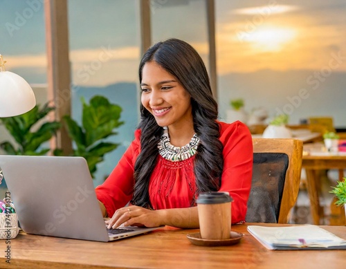 young woman ethnicity at home with computer at work and coffee working in office