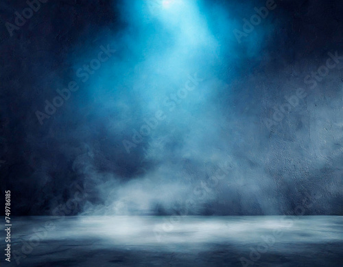 Empty blue dark abstract cement wall with smoke float up interior texture background