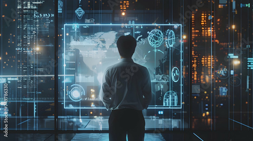 A man interacting with a futuristic  holographic interface displays data on forex  gold  crypto currencies  and the latest digital currencies.