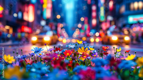 Blooming Night: A Colorful Floral Display Illuminated by City Lights in the Dark Urban Landscape