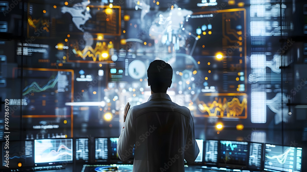 A man interacting with a futuristic, holographic interface displays data on forex, gold, crypto currencies, and the latest digital currencies. A man interacting with a futuristic, holographic interface displays data on forex, gold, crypto currencies, and the latest digital currencies.