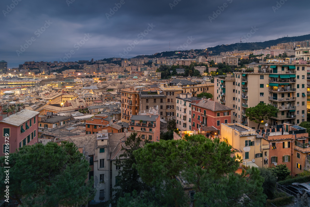 Panoramic cityscape with illuminated residential district on hillside under cloudy sky, Genoa, Italy
