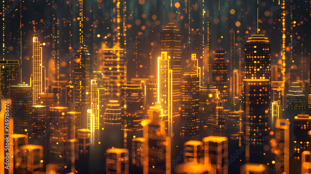A futuristic city scape illuminated by neon gold light, representing an AI-powered metropolis. Buildings are etched with glowing AI codes and data patterns.