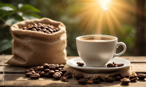 Cup of coffee latte with heart shape and coffee beans on old wooden. Cup of coffee with smoke and coffee beans in burlap sack, nature of coffee tree background.