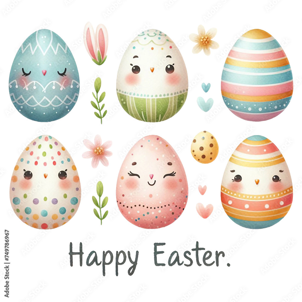 Watercolor cute eggs, each with an easter design, pastel colors  isolated on PNG background. Generative AI.