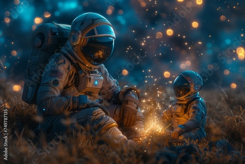 Astronaut and Alien Relax by Bonfire Under Starry Night Sky