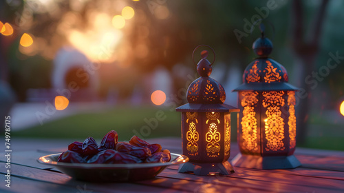 Ramadan Kareem with two traditional lanterns casting a soft glow on a rustic wooden table.