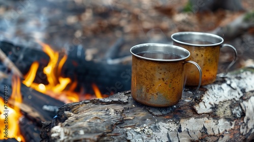Outdoor camping still life. Two metal enamel cups on a log by a campfire, with the flames softly blurred in the background, portraying a warm and rustic camping experience.