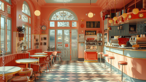 Retro Diner Interior with Pastel Colors and Sunlight photo