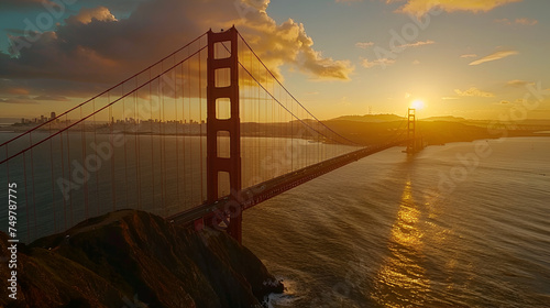 The majestic Golden Gate Bridge spans across the horizon, bathed in the golden light of the setting sun, casting a mesmerizing glow over the cloudy skies of San Francisco, California  photo