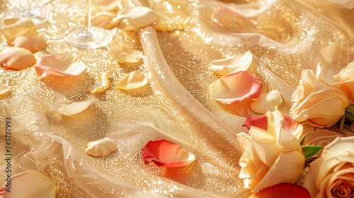 A festive celebration background of scattered rose petals, champagne flutes and delicate lace ribbons, set against a backdrop of glittering gold fabric. 