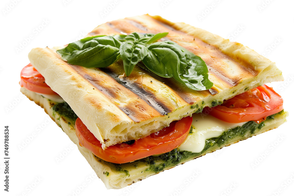 Ciabatta with pesto sauce and tomatoes isolated on transparent background.