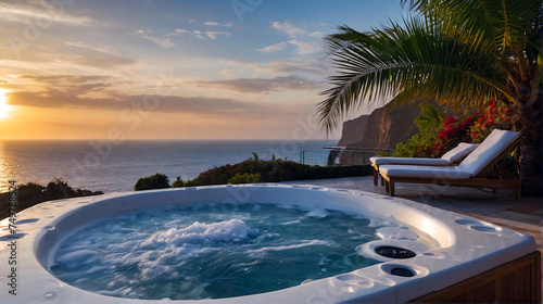 Luxury bubble bathtub under palm tree with ocean view at sunset  spa and wellness concept  seascape and mountains background