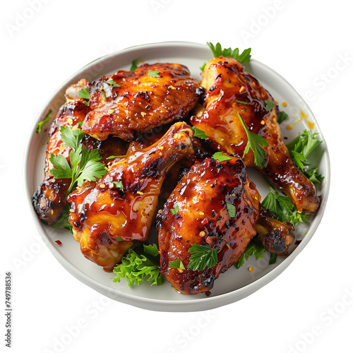 Baked chicken wings with teriyaki sauce and parsley isolated on transparent background.
