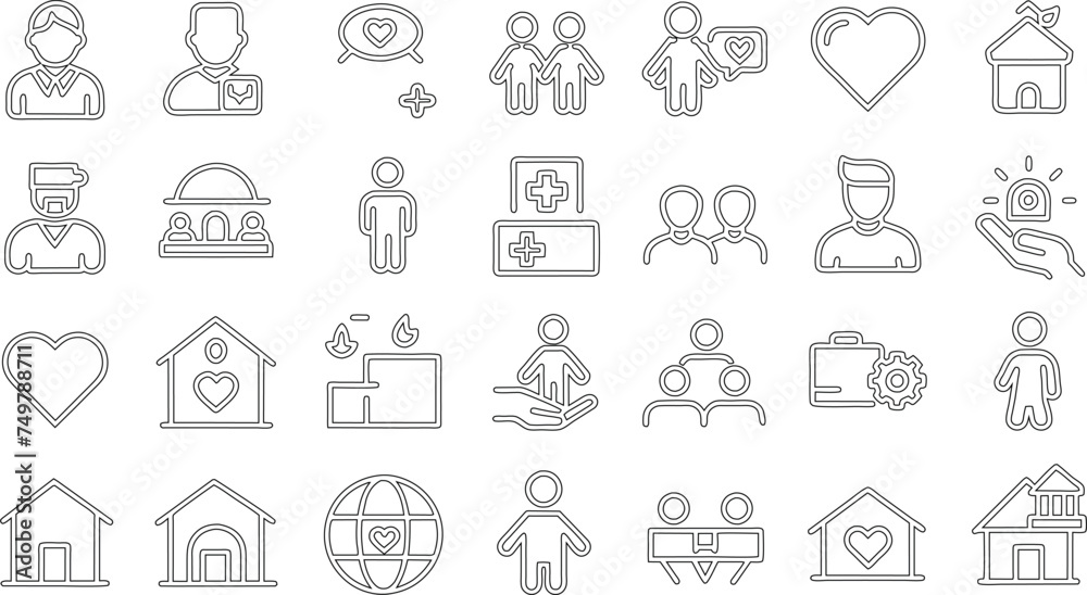 Social policy editable stroke outline icons set isolated on white background flat vector illustration. Social policy editable stroke outline icons set isolated on white background flat vector illustration.