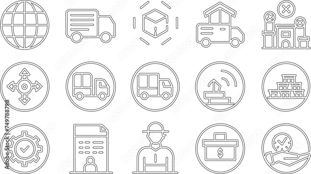 Supply chain management concept editable stroke outline icons set isolated on white background flat vector illustration. Supply chain management concept editable stroke outline icons set isolated on white background flat vector illustration.