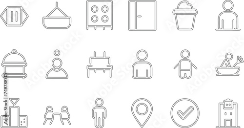 Toilet, food court, elevator, exit door and public navigation concept editable stroke outline icons set isolated on white background flat vector illustration