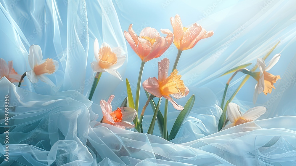 A spring awakening scene with dew-kissed tulips and daffodils emerging from a misty, light blue tulle fabric. - obrazy, fototapety, plakaty 
