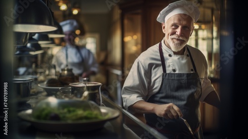 Chef in a restaurant in the kitchen. Smiling man in the kitchen dressed in chef s clothes. Cooking in a restaurant