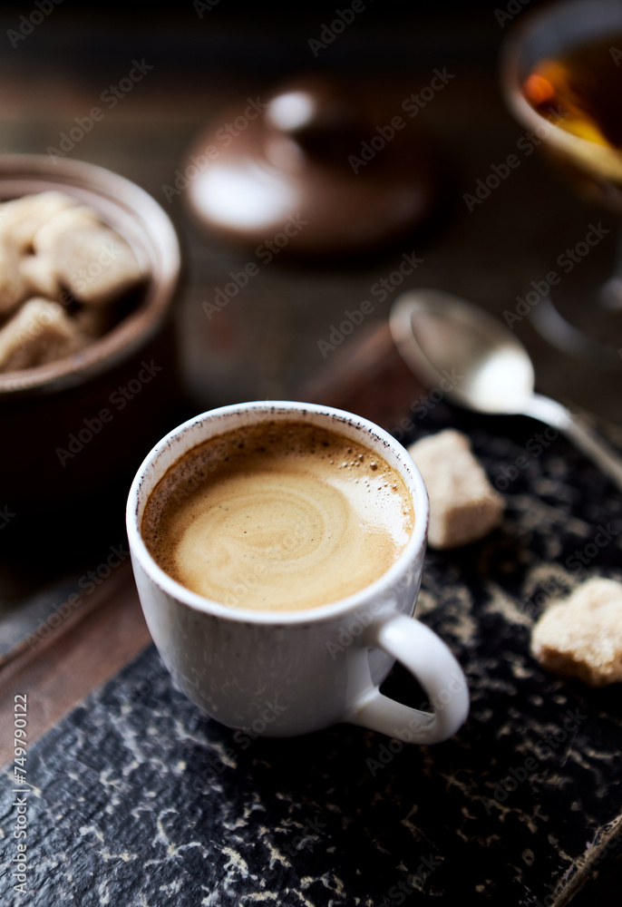Cup of coffee on rustic wooden background. Copy space. Cup of coffee on rustic wooden background. Copy space.