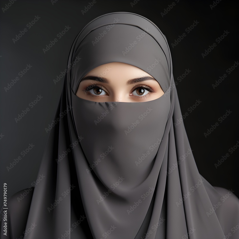 Portrait of young beautiful Muslim woman in niqab on grey background Portrait of young beautiful Muslim woman in niqab on grey background