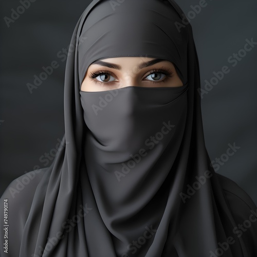 Portrait of young beautiful Muslim woman in niqab on grey background