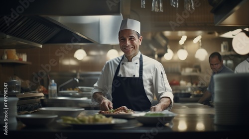 Chef in a restaurant in the kitchen. Smiling man in the kitchen dressed in chef's clothes. Cooking in a restaurant