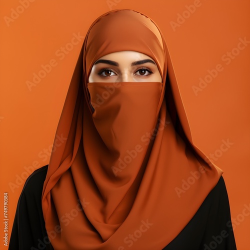 Portrait of young beautiful Muslim woman in niqab on orange background