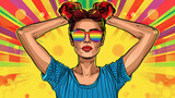 Retro pride day pop art portrait, rainbow sunglasses woman, colorful pride day illustration, perfect for LGBTQ events, marketing campaigns