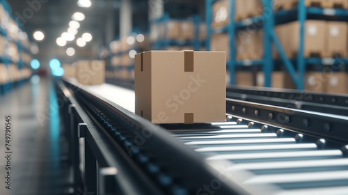Close-up of a plain cardboard box moving on a conveyor belt of the same size with a warehouse background