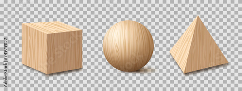 Realistic wooden textured cube,ball,pyramid 3d style. Vector set elements