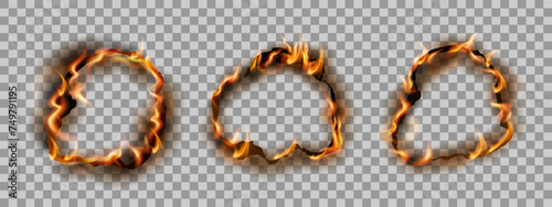 Realistic burnt holes, paper edges frames with fire and black ash.Vector set,editable graphic elements from scorched and smoldering paper sheets torn edges isolated on transparent background