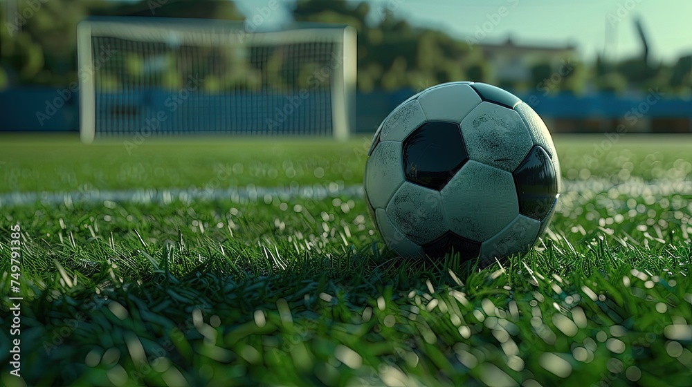 A soccer ball is lying on the grass of a football field. Close-up. A football goal is visible on a blurred background. Copy space.