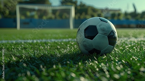 A soccer ball is lying on the grass of a football field. Close-up. A football goal is visible on a blurred background. Copy space.
